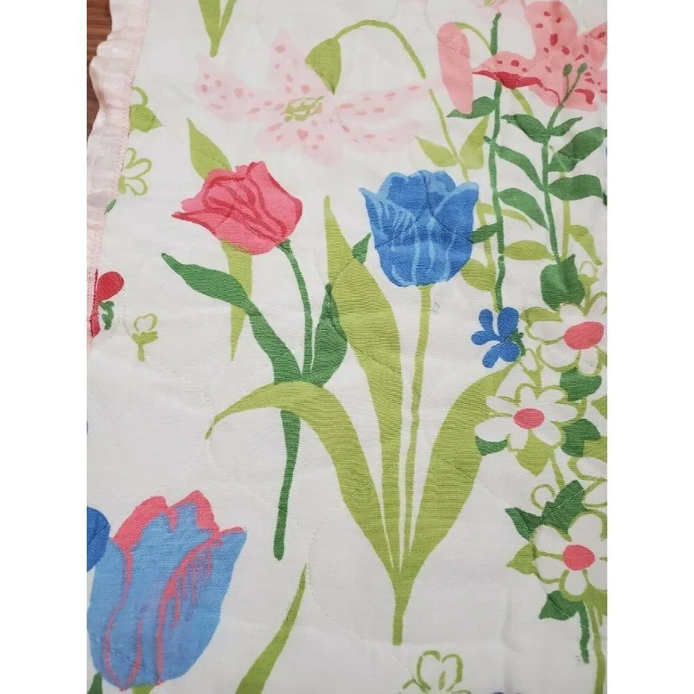 Vintage 60s Pink White Floral Satin Trim Receiving Blanket Tulips Lilies